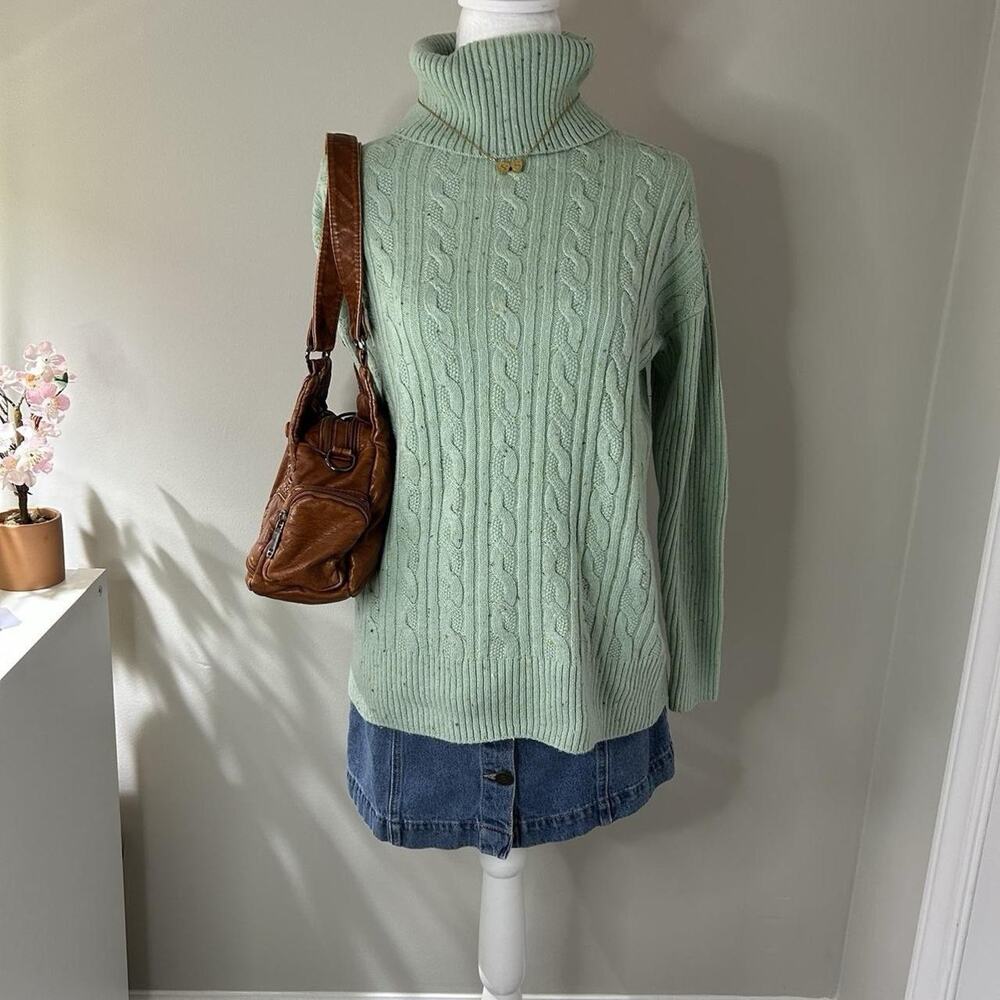 Talbots Light Green Cable Knit Turtle Neck Sweater Size Medium Petite